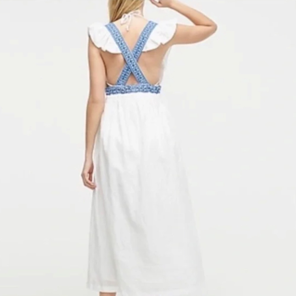 JCREW WOMENS MAXI LENGTH LINEN COTTON BLEND PLUNGE V NECK DRESS WHITE BLUE LARGE - Picture 2 of 10